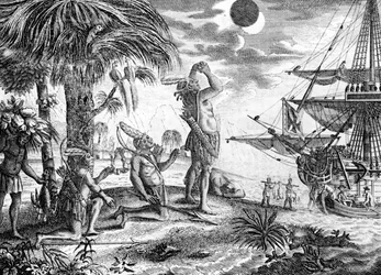 Indianerna häpnade över månförmörkelsen som förutsagts av Columbus, illustration från "A New Universal Collection of Authentic and Entertaining Voyages and Travels" av Edward George Cavendish, 177